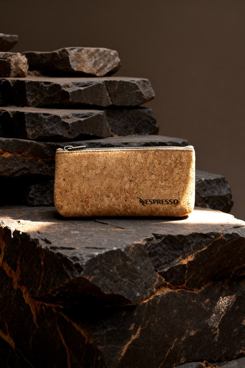 Estuche de corcho Nespresso sobre roca oscura