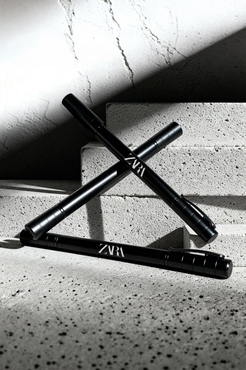 Bolígrafos negros ZARA sobre concreto