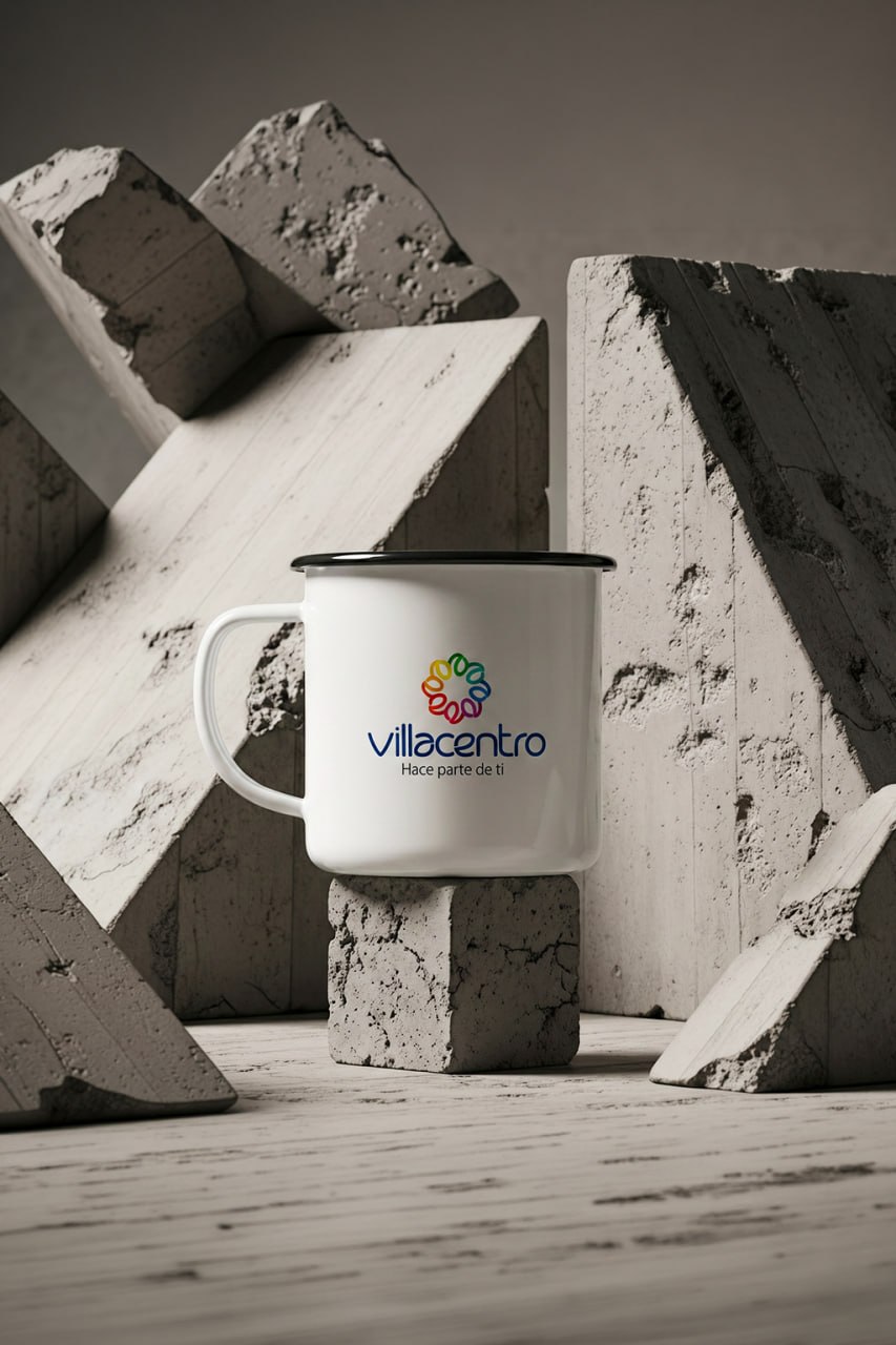 Mug blanco Villacentro sobre concreto