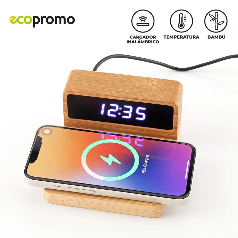 Cargador Inalámbrico Bamboo Clock personalizado con logo - Promall Colombia